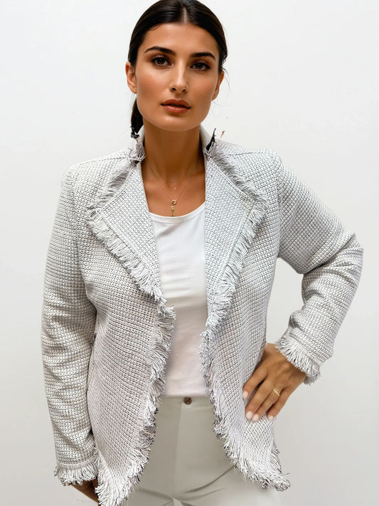 001- LuLu B White with Black Tweed Fringed Jacket