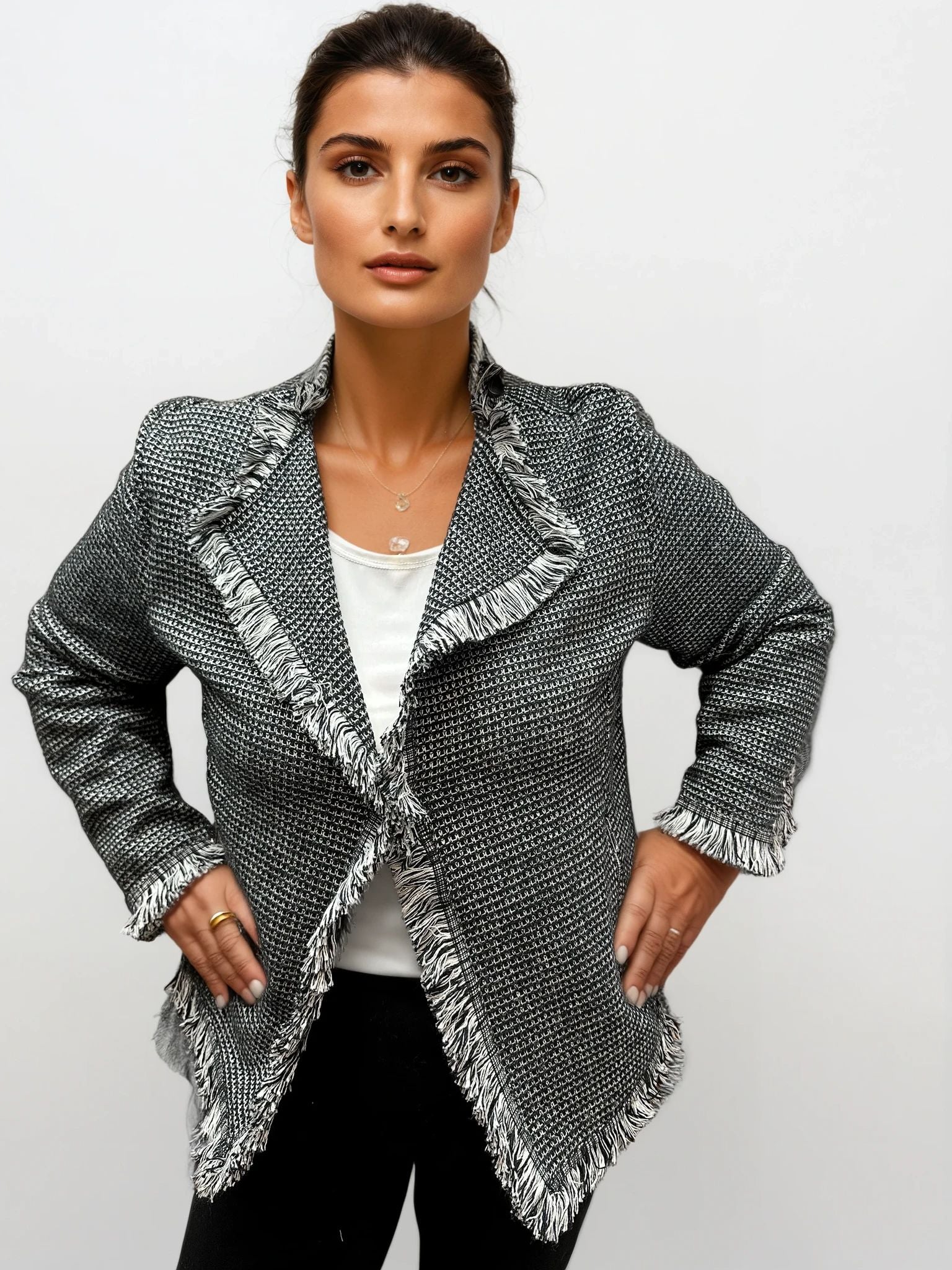 001- LuLu B Black and White Tweed Fringed Jacket
