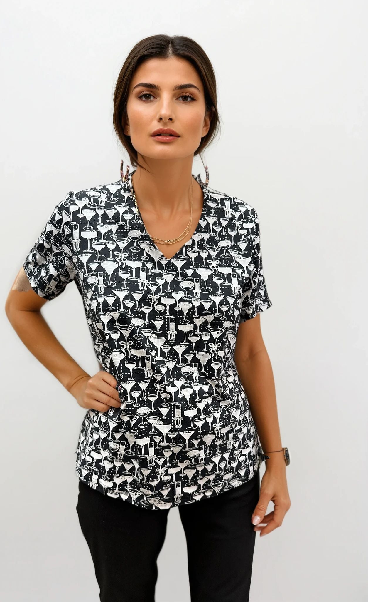 001- LuLu B Black with White Cocktails Short Sleeve Top
