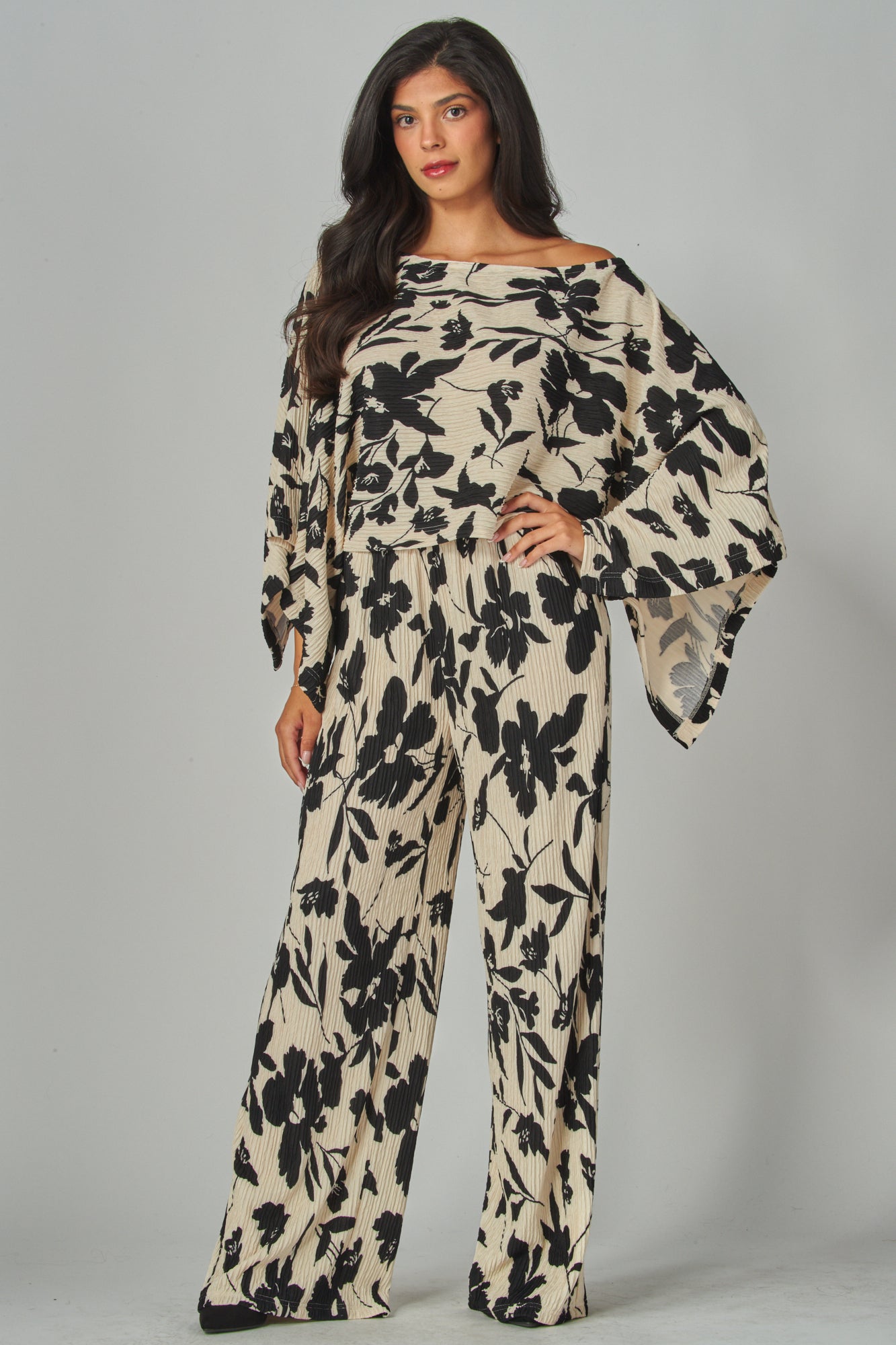 066- Love Poem Black and Ivory Floral Cape Top 2 pc. set