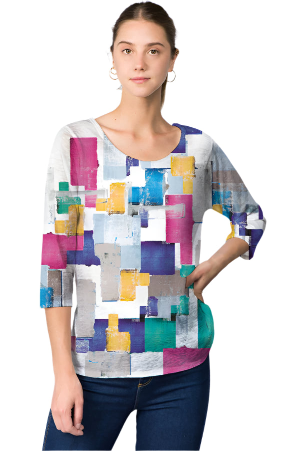025- Et Lois Irregular Shapes Graphic 3/4 Sleeve Top