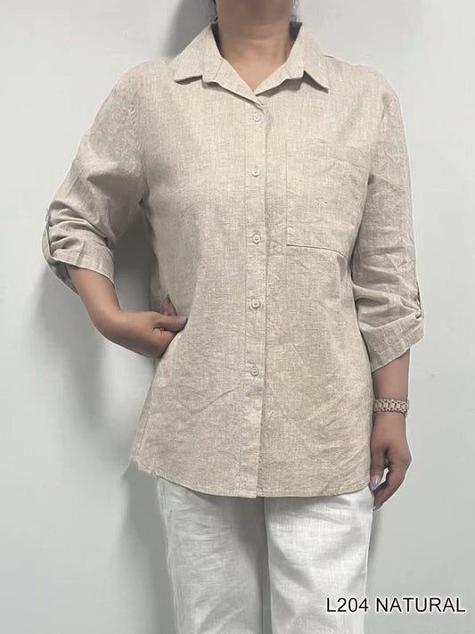 007- Creations Natural Single Button Down Linen Top
