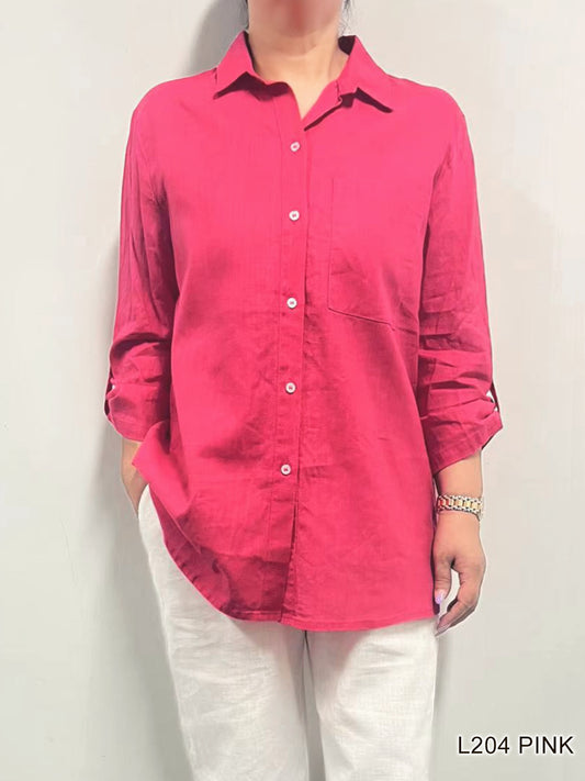 007- Creations Pink Single Button Down Linen Top