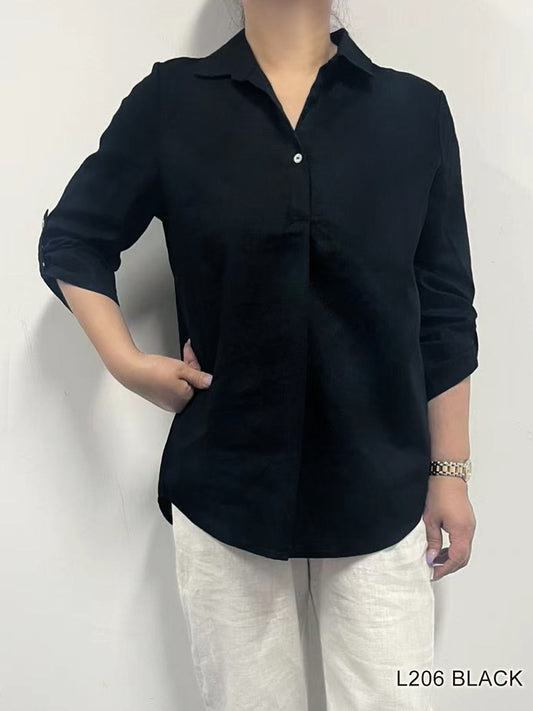 007- Creations Black One Button 3/4 Sleeve Linen Top