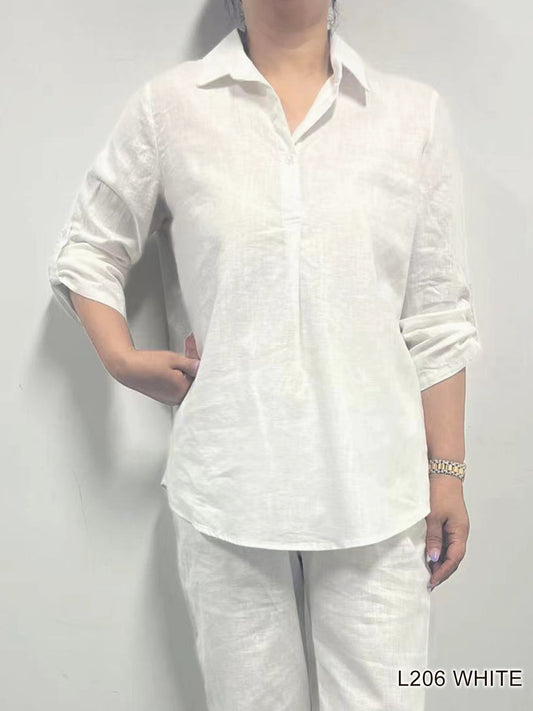 007- Creations White One Button 3/4 Sleeve Linen Top
