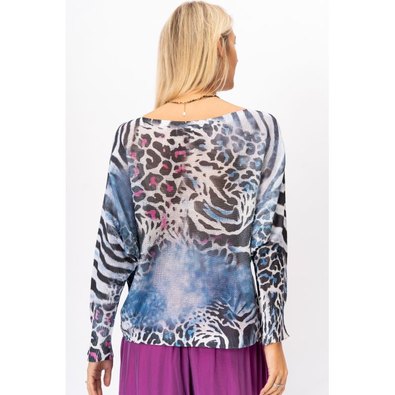 075- Look Mode Blue Cheetah & Zebra Print Sweater