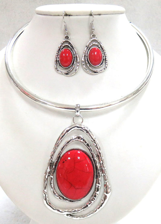 NE-122 Silver Collar with Red Pendant