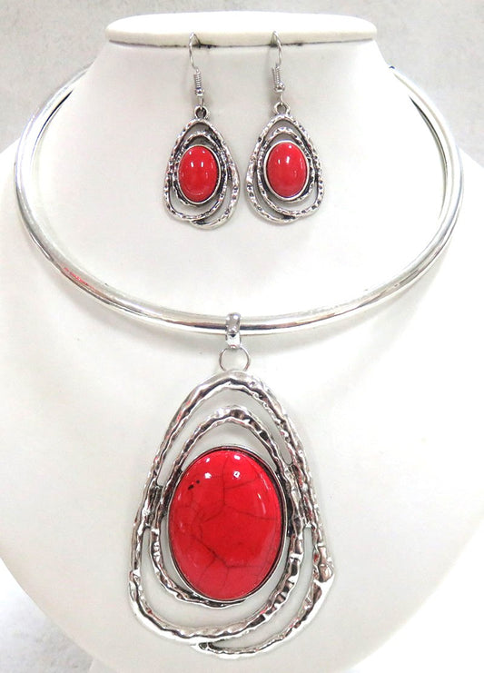 NE-122 Silver Collar with Red Pendant Set