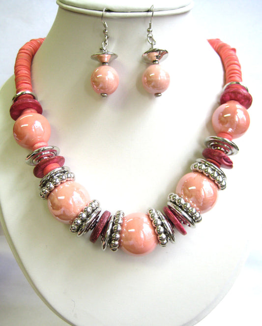 NE-131 Pink Balls Necklace Set