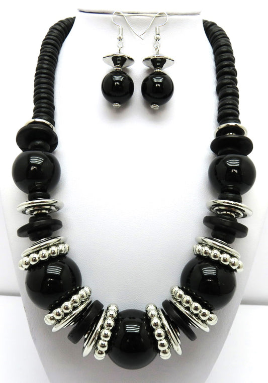 NE-134 Black Balls Necklace Set