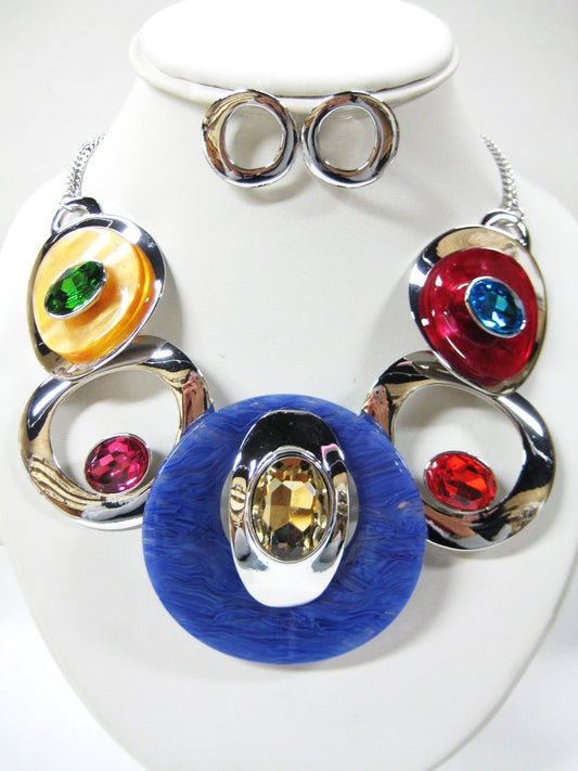 NE-259 Multi Color Lucite with Rhinestones and Silver Medallions