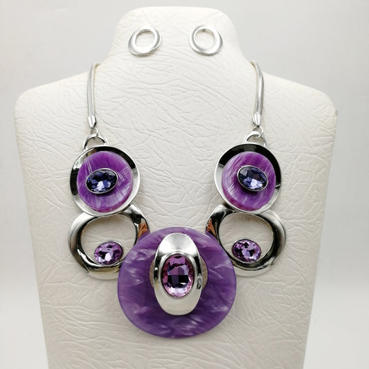 NE-261 Purple Lucite with Rhinestones and Silver Medallions