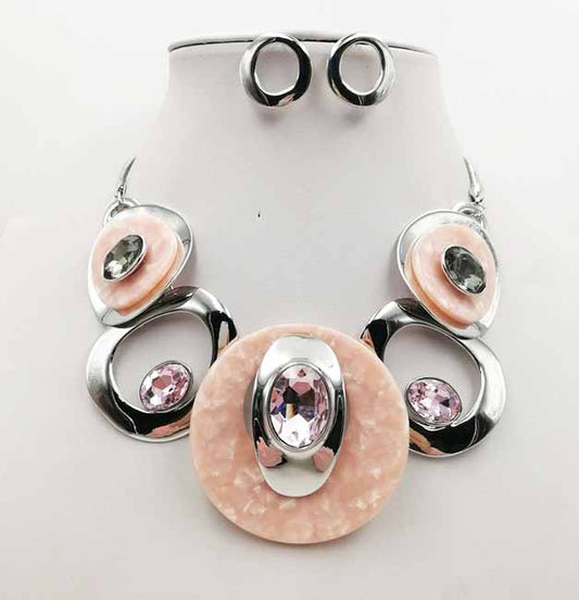 NE-263 Pink Lucite with Rhinestones and Silver Medallions