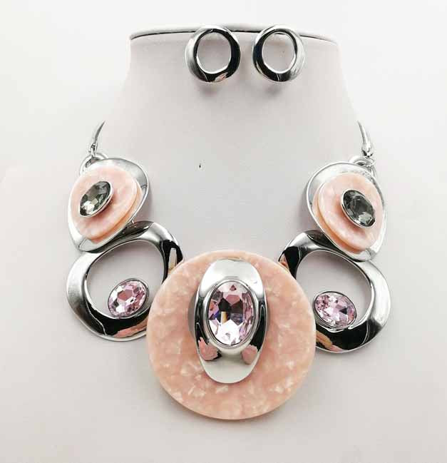 NE-263 Pink Lucite with Rhinestones and Silver Medallions