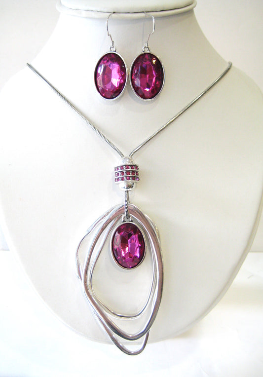 NE-268 Fuchsia Rhinestone with 3 Abstract Rings