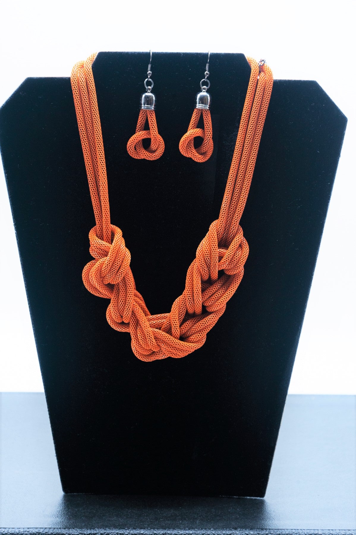 NE-312  Orange Mesh Knot Necklace