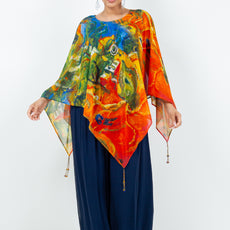 034- Sterling Styles Orange and Olive Beaded Detail Poncho