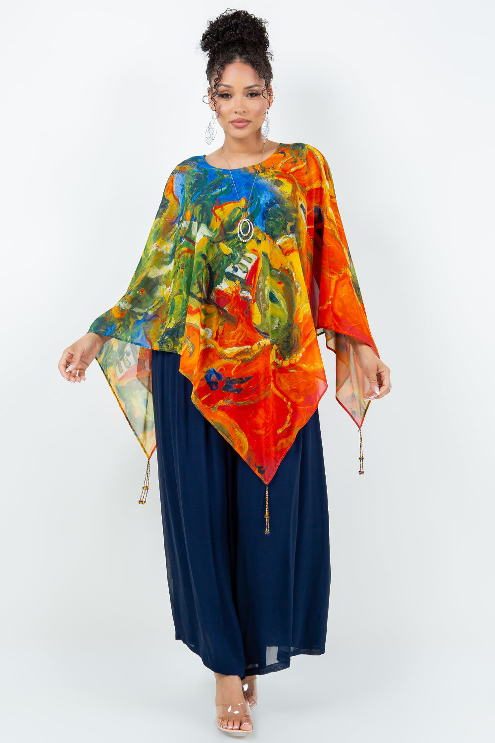 034- Sterling Styles Orange and Olive Beaded Detail Poncho