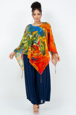 034- Sterling Styles Orange and Olive Beaded Detail Poncho