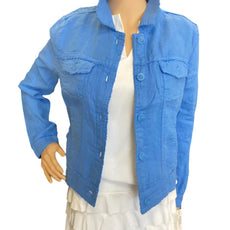 001- LuLu B Bright Periwinkle Linen Fringed Short Jacket
