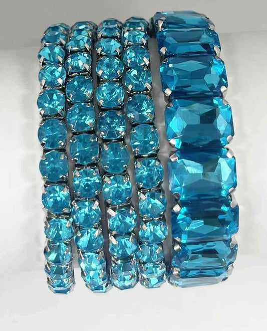 B-118  Turquoise 5 Row Crystal Stretch Bracelet
