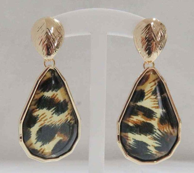 E-100  Leopard  and Gold Teardrop Pierced Earring