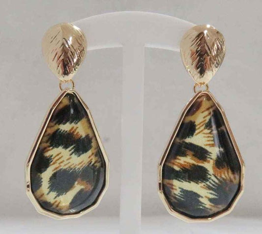 E-100  Leopard  and Gold Teardrop Pierced Earring