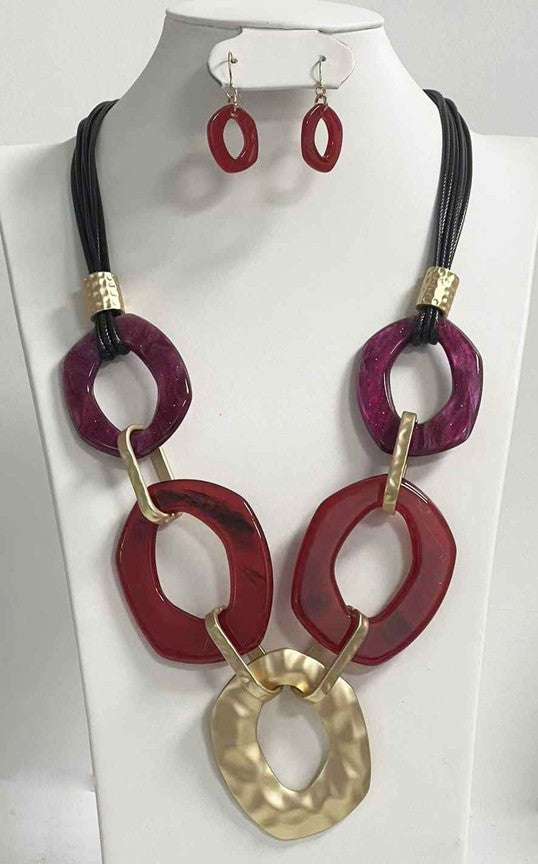 NE-058  Matte Gold and Burgundy Circles on Leather