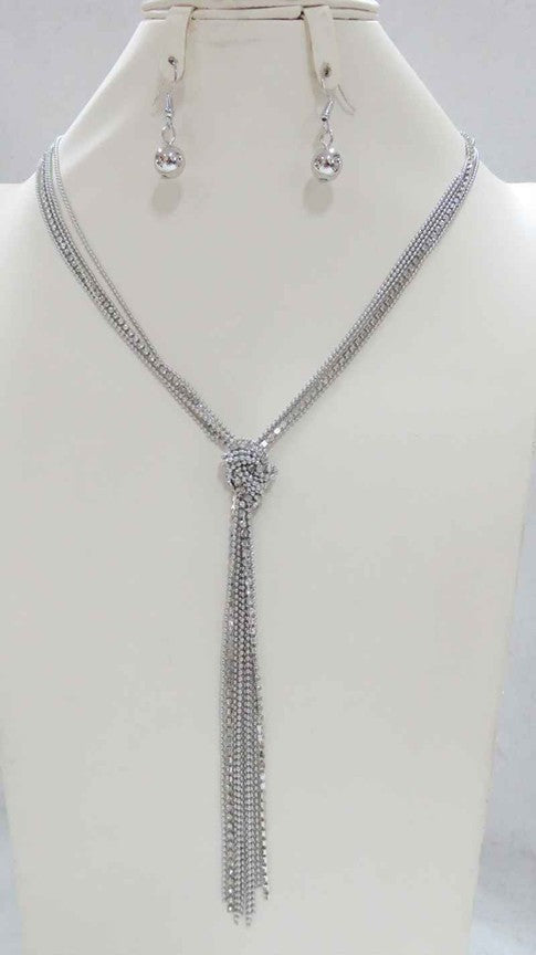 NE-064  Silver Bead Chain with Crystal Lariat