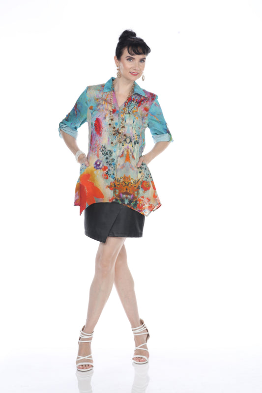 005- Arisa A  Turquoise and orange watercolor  Shirt