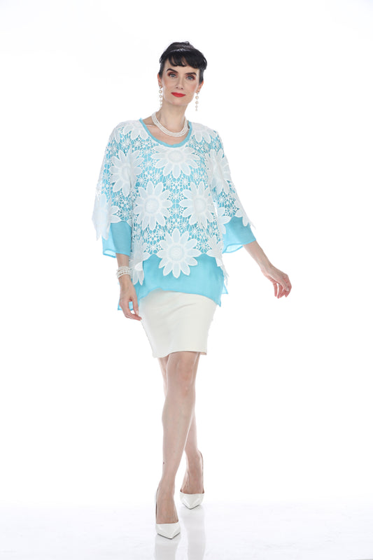 005- Arisa A Turquise and White Lace Flower Hi-Lo Top