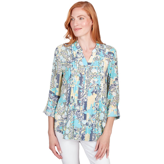036- Ruby Road Seaside Silky Gauze Patchwork Button Front Top