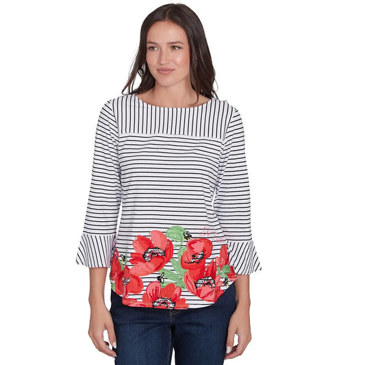 036- Ruby Road Poppy Embroidered Stripe Top