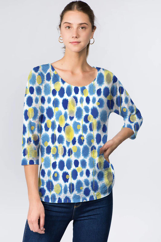025- ET Lois Blue and Yellow Dot Knit 3/4 Sleeve Top