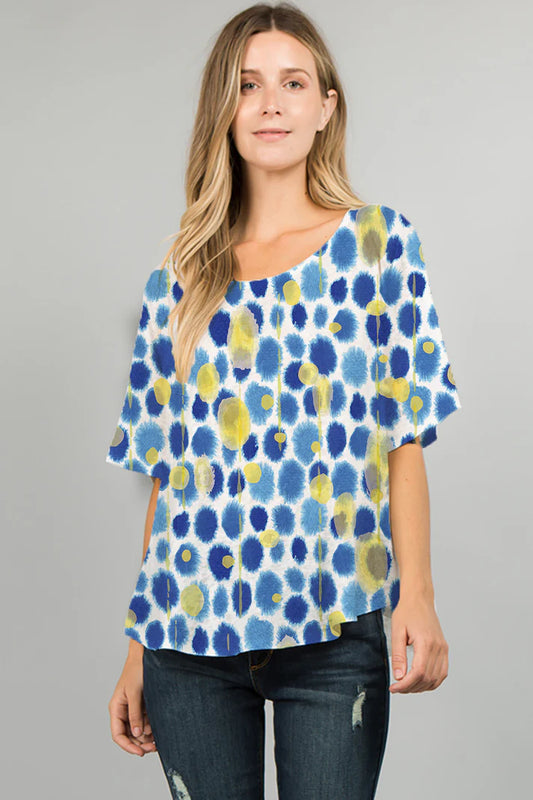 025- ET Lois Blue and Yellow Dot Short Sleeve Knit Top