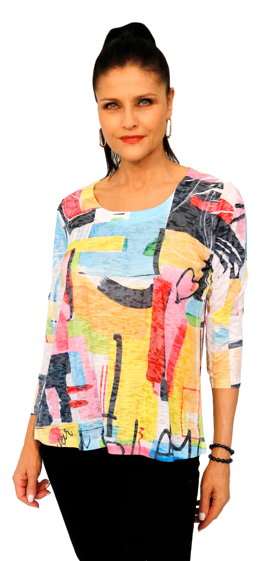 071- Impulse Bright Print with Black 3/4 Sleeve Top