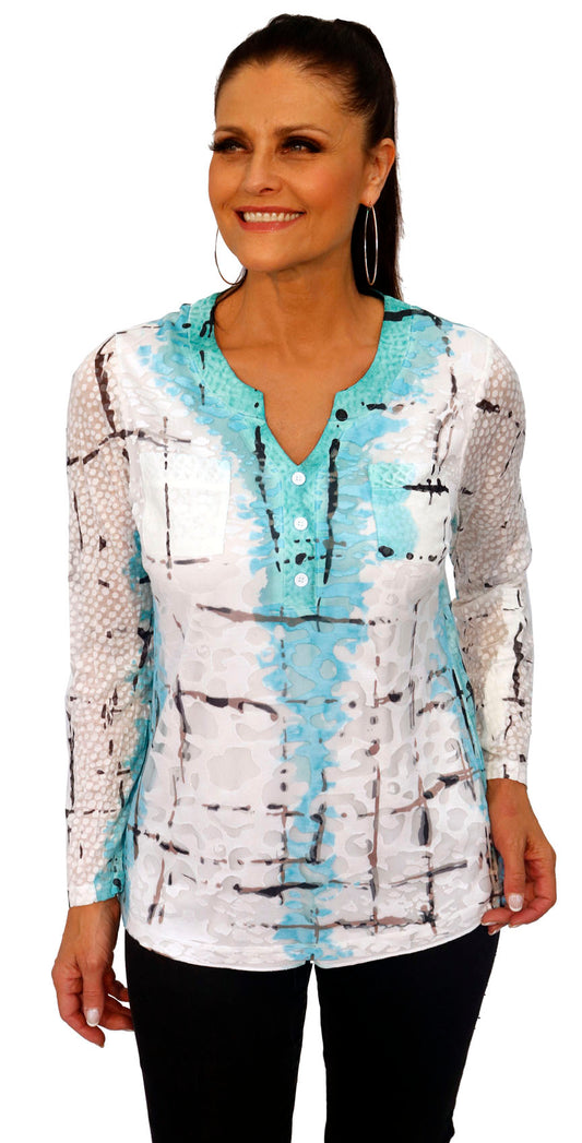 071- Impulse Turquoise with Black 3 Button V-Neck Top