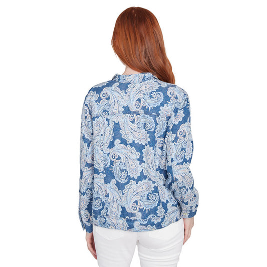 036- Ruby Road Shades of Blue Paisley Soft Button Top