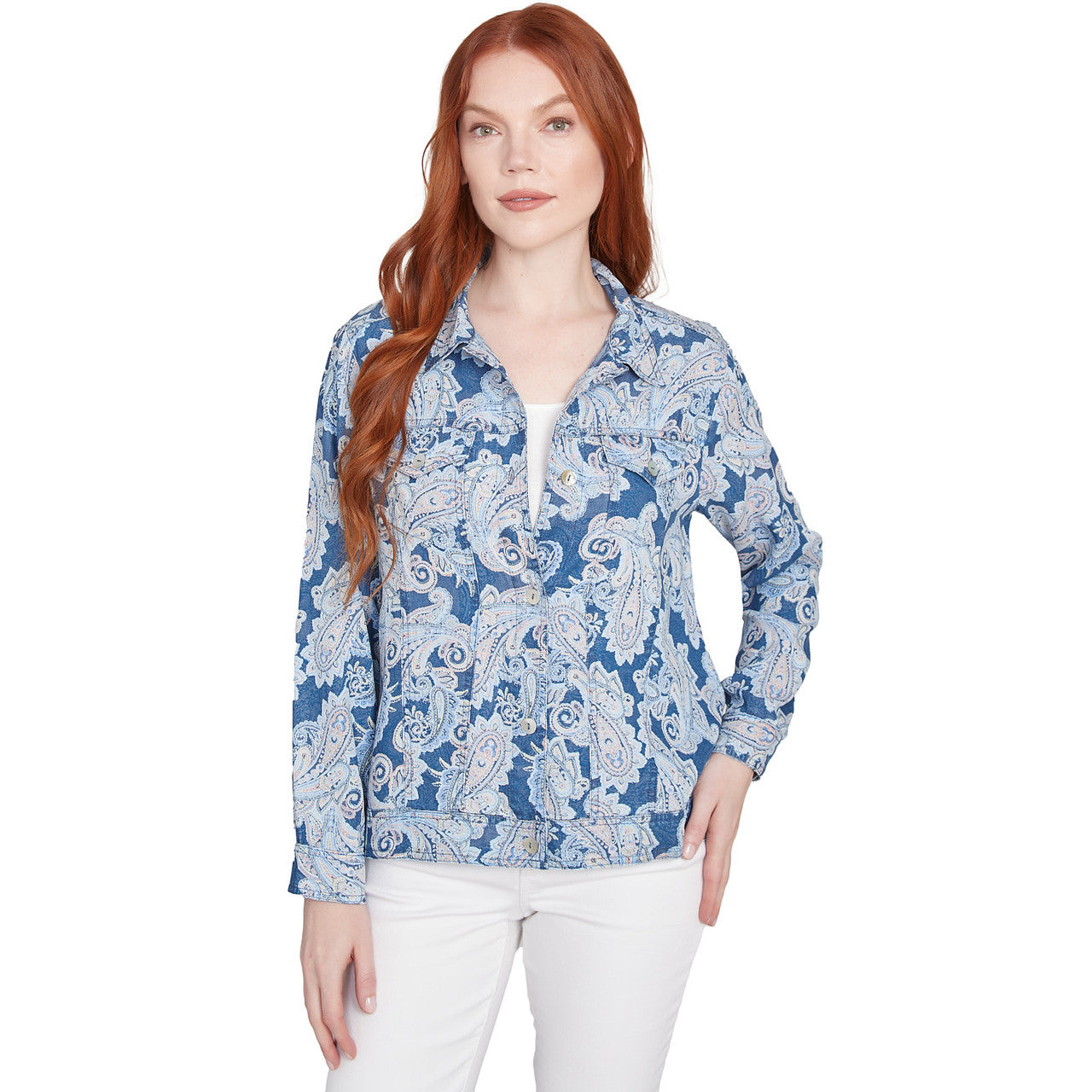 036- Ruby Road Shades of Blue Paisley Soft Button Top