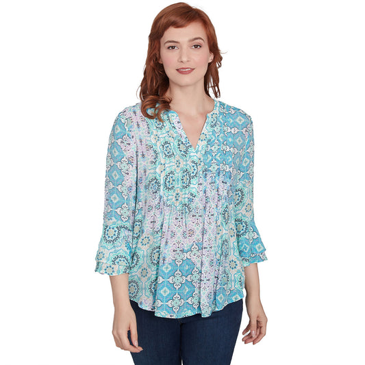 036- Ruby Road Tile Patchwork Silky Pleated Top