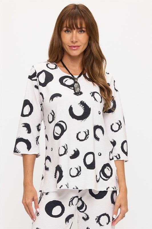 019- Jostar White with Black Graphic Print Circles Top