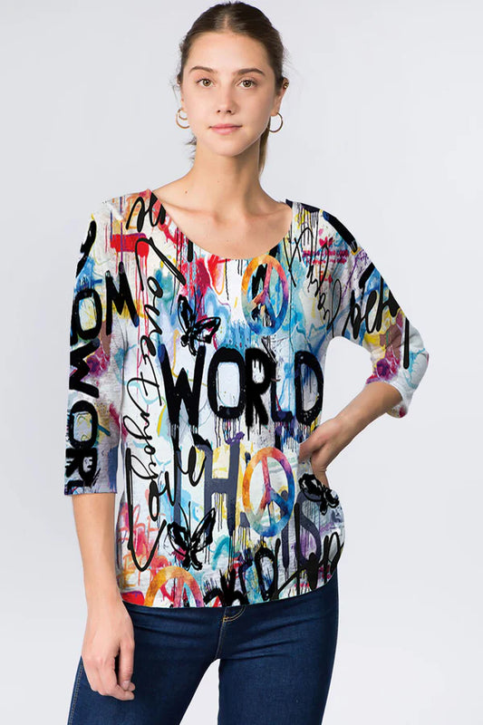 025- ET Lois World Peace Knit 3/4 Sleeve Top