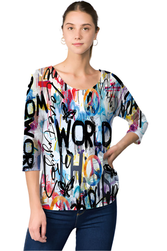 025- ET Lois World Peace Knit 3/4 Sleeve Top