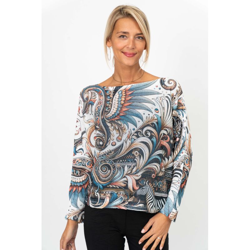 075- Look Mode Multi Color Feather and Zebra Sweater