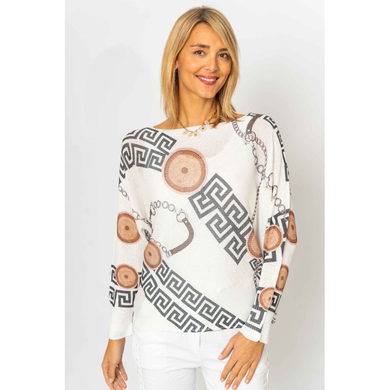 075- Look Mode White Sweater with Greek Key