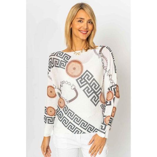 075- Look Mode White Sweater with Greek Key