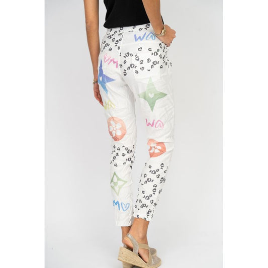 075- Look Mode White and Multi Color Designer Stretch Pant