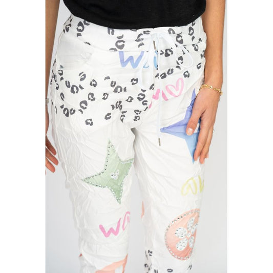 075- Look Mode White and Multi Color Designer Stretch Pant