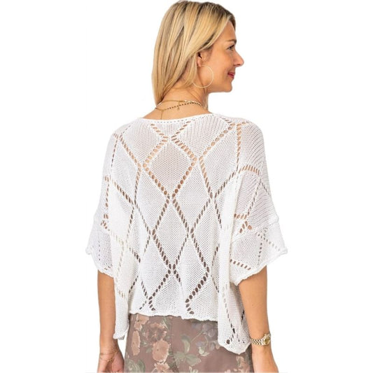 075- Look Mode Diamond Open Sweater - White