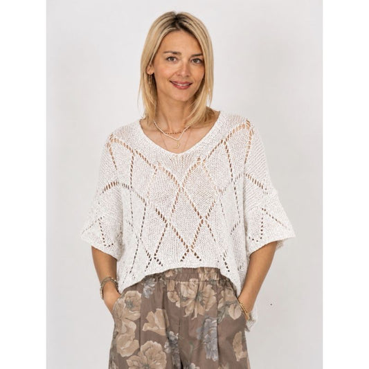 075- Look Mode Diamond Open Sweater - White